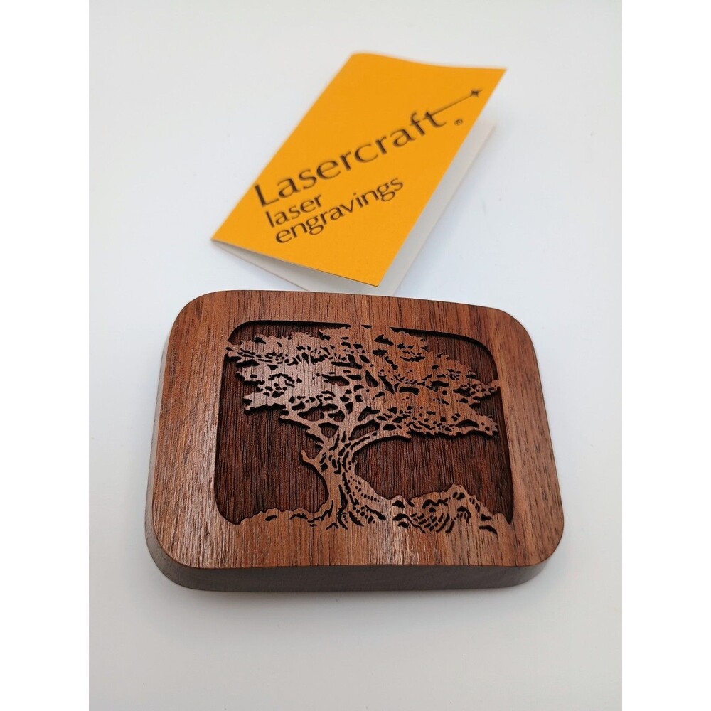 Vintage 1977 Belt Buckle Wood Lasercraft Laser Engraving Tree